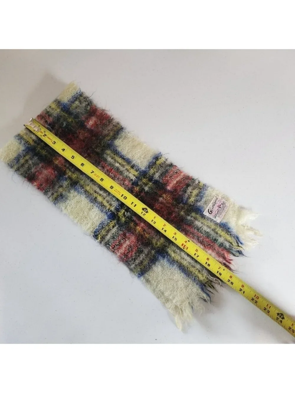 Vintage Mohair Wool Red White Green Plaid Fringe Scarf 40x8 Scotland Winter Mcm